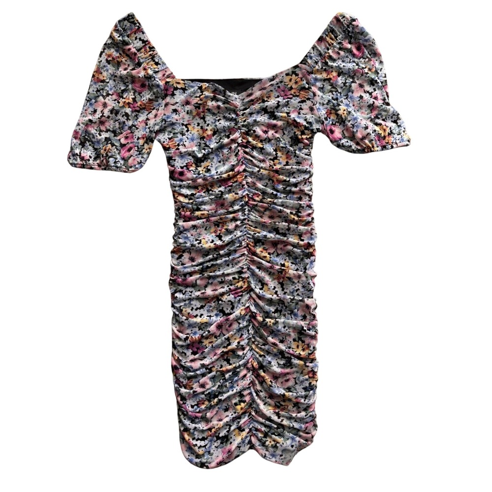 CottageCore Floral Mesh Ruched Bodycon Mini Dress Short Puff Sleeve Med